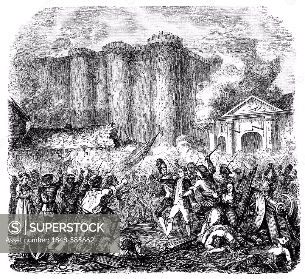 The storming of the Bastille in 1789, the symbolic start of the French Revolution, historic engraving from the Buch denkwuerdiger Frauen or book of me...