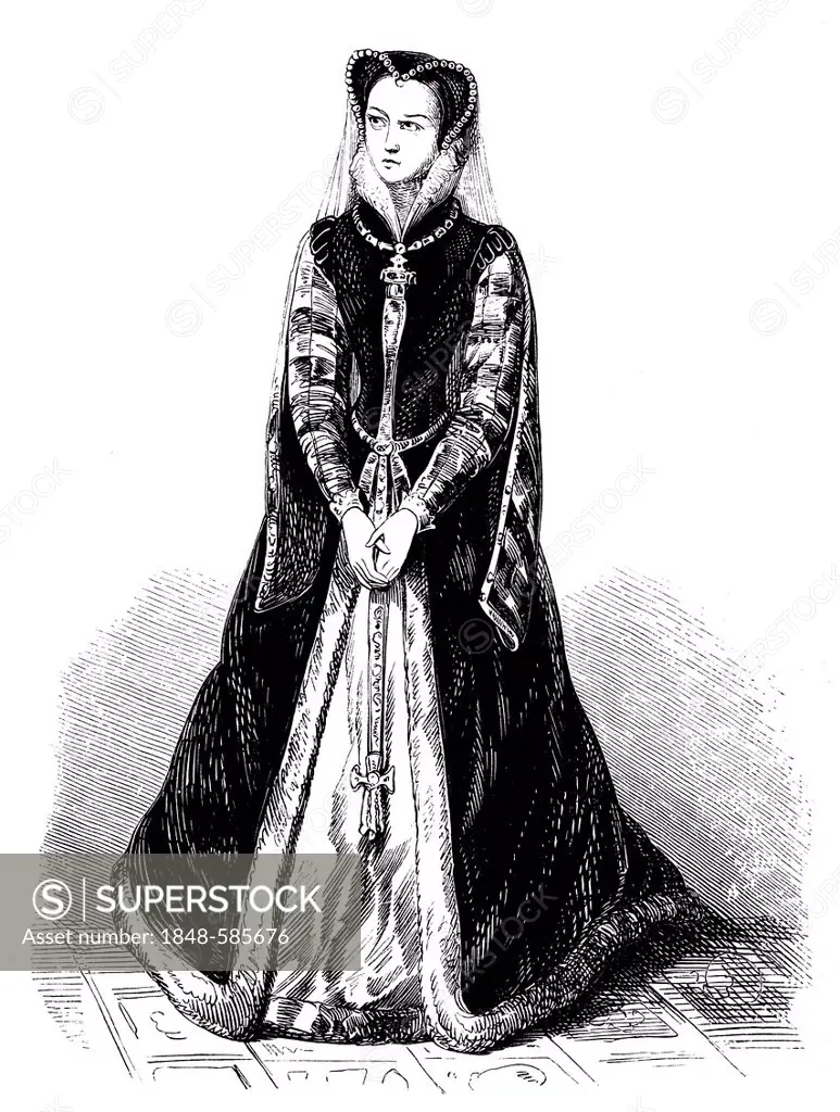 Mary Stuart or Mary I. 1542 - 1587, Queen of Scotland and France, historic engraving from the Buch denkwuerdiger Frauen or book of memorable women, pu...
