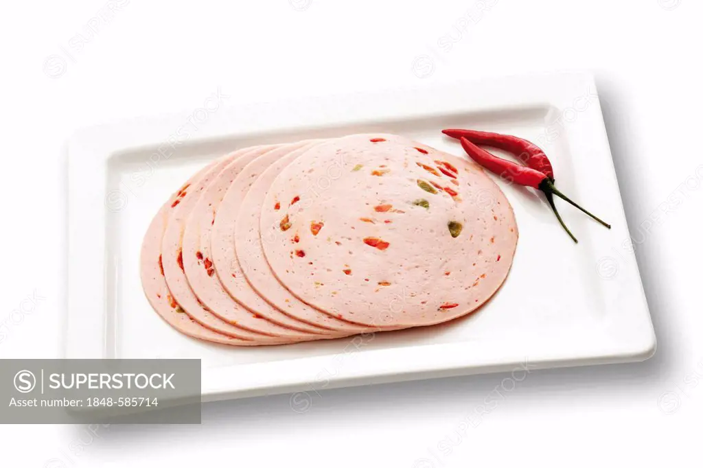 Mortadella sausage slices on a plate