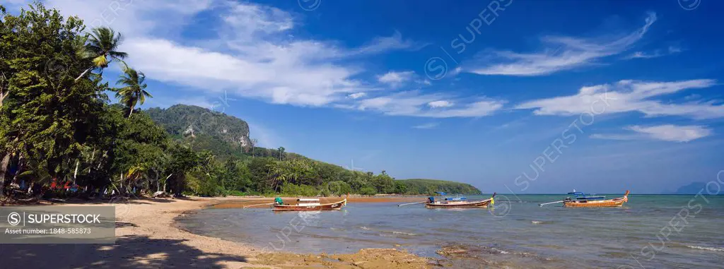 Long-tail boats on palm beach, Ko Muk or Ko Mook island, Thailand, Southeast Asia