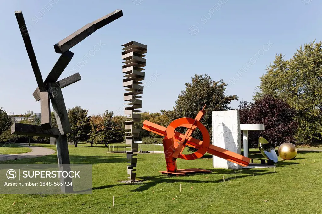 Row of modern sculptures, Skulpturenpark Koeln sculpture park, Cologne, North Rhine-Westphalia, Germany, Europe