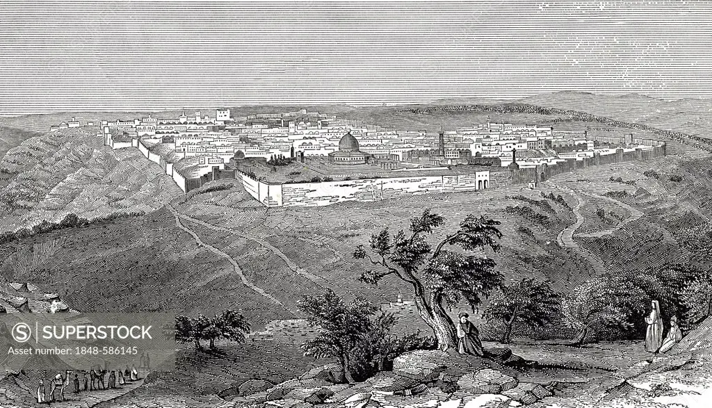 Cityscape of Jerusalem, Israel, historic engraving from the 19th Century, from the book Solskin Hjemmet I, Ung Og Gammel, Battle Creek, Michigan, 1893