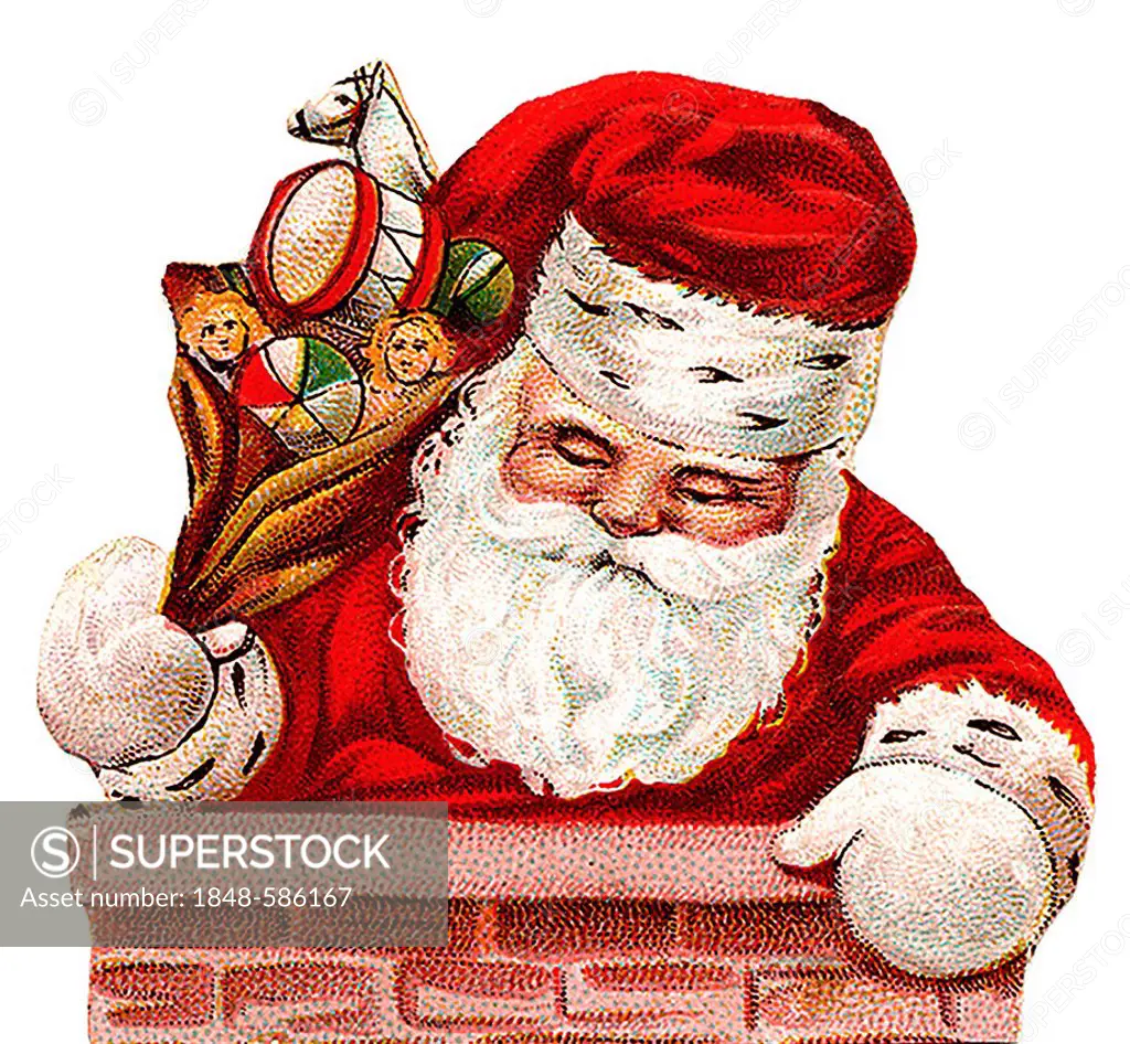Santa Claus climbing into the chimney, historical illustration