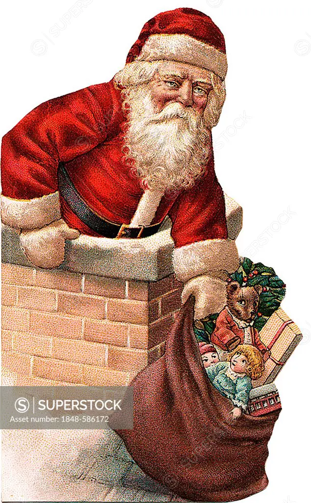 Santa Claus with a sack full of presents, climbing into the chimney, historical illustration