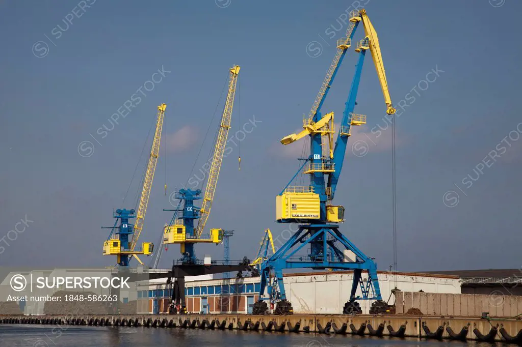 Cranes at the port, Wismar, Baltic Sea, Mecklenburg-Western Pomerania, Germany, Europe, PublicGround