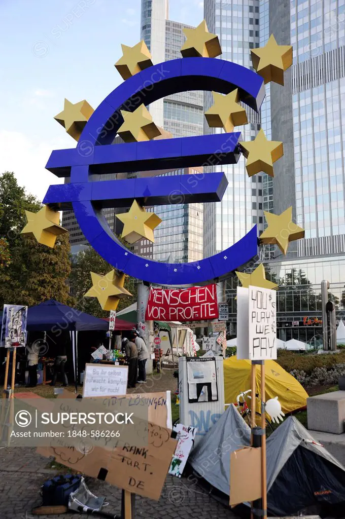 Protest camp of the Occupy Frankfurt movement, demonstration against the financial system in front of the symbol of the euro currency, European Centra...