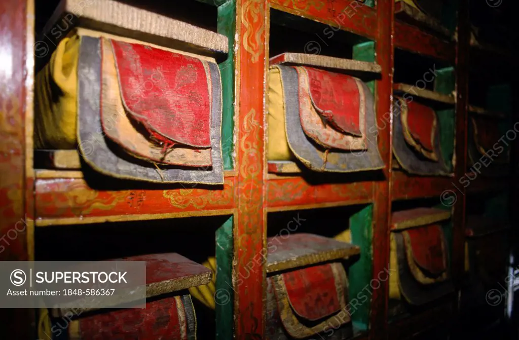 Old Tibetan prayerbooks in the library of Thiksey Gompa, Jammu and Kashmir, India, Asia