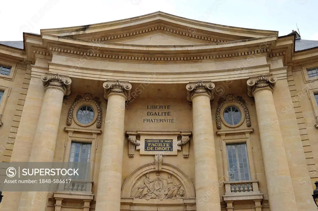 University of Law, lettering Liberte, Egalite, Fraternity, Sorbonne, Montagne Sainte-Genevieve, Paris, France, Europe, PublicGround