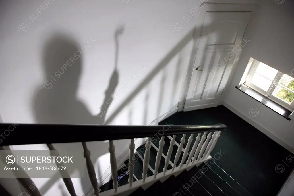 Burglary, burglar on a staircase of an apartment house during the day
