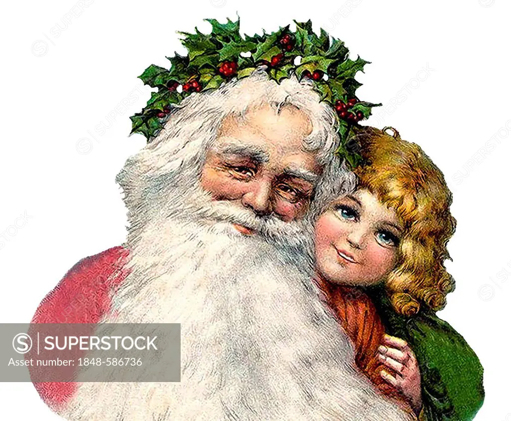 Santa Claus and girl, historical illustration