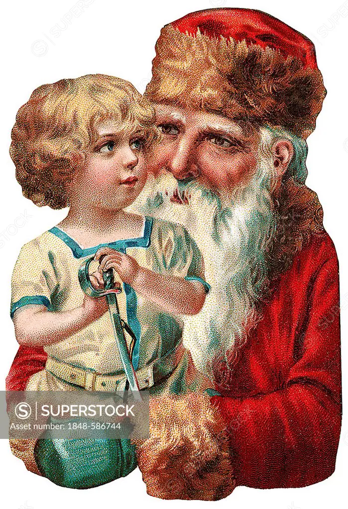 Santa Claus and little child, historical illustration