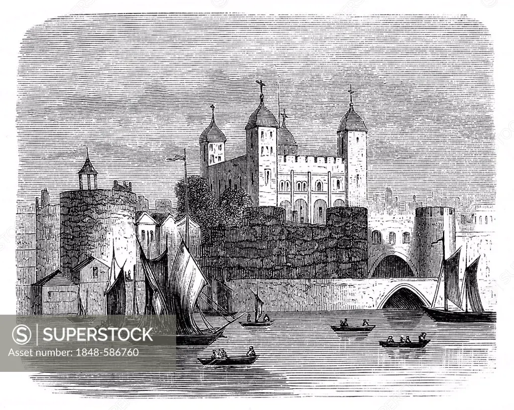 The Tower of London, London, 16te century, historical engraving from the Buch denkwuerdiger Frauen or book of memorable woman, published by Otto Spame...