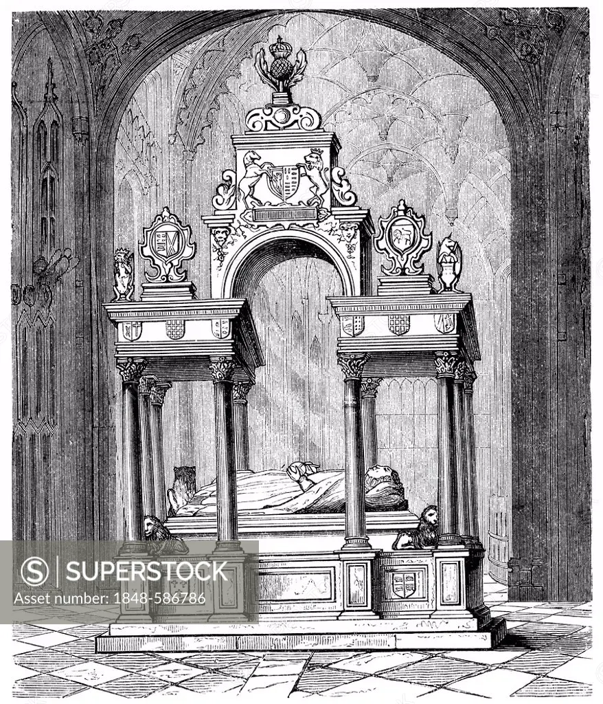 The tomb of Elizabeth I, The Virgin Queen or The Maiden Queen, Gloriana, or Good Queen Bess, 1533 - 1603, Queen of England, in Westminster Abbey, Lond...