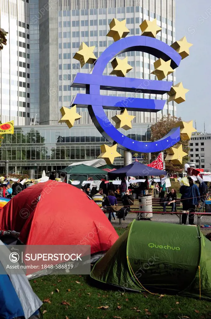 Protest camp of the Occupy Frankfurt movement, demonstration against the financial system in front of the symbol of the euro currency, European Centra...