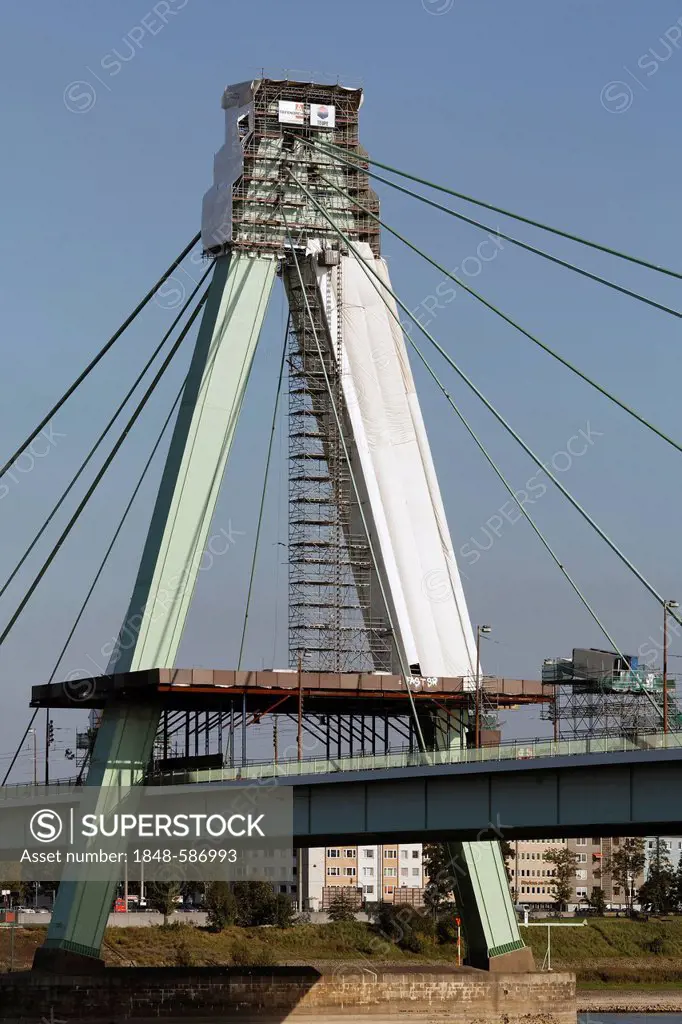 Bridge renovation on the pylon of the Severinsbruecke bridge, Cologne, North Rhine-Westphalia, Germany, Europe