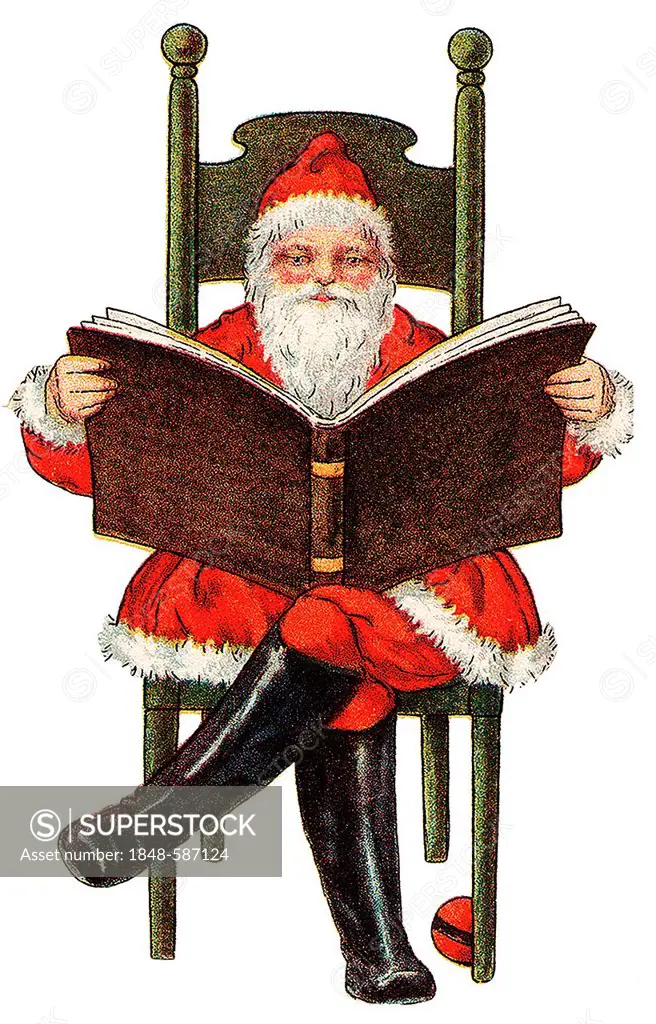 Santa Claus sitting on a chair with book in hand, historical illustration
