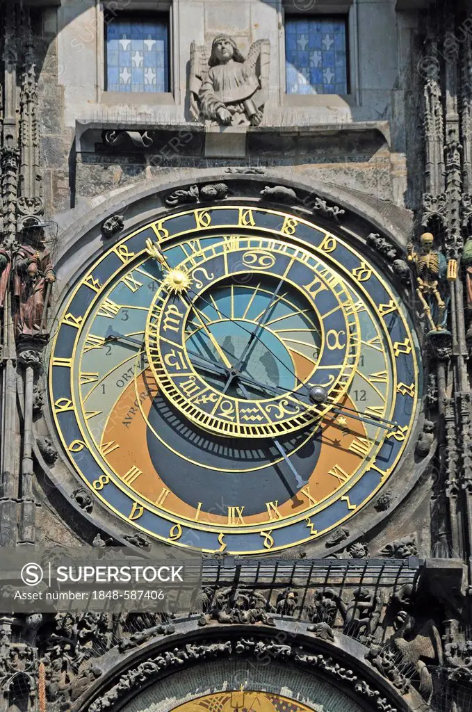 Astronomical Clock, tower of the Old Town Hall, Old Town Square, historic district of Prague, Bohemia, Czech Republic, Europe, PublicGround