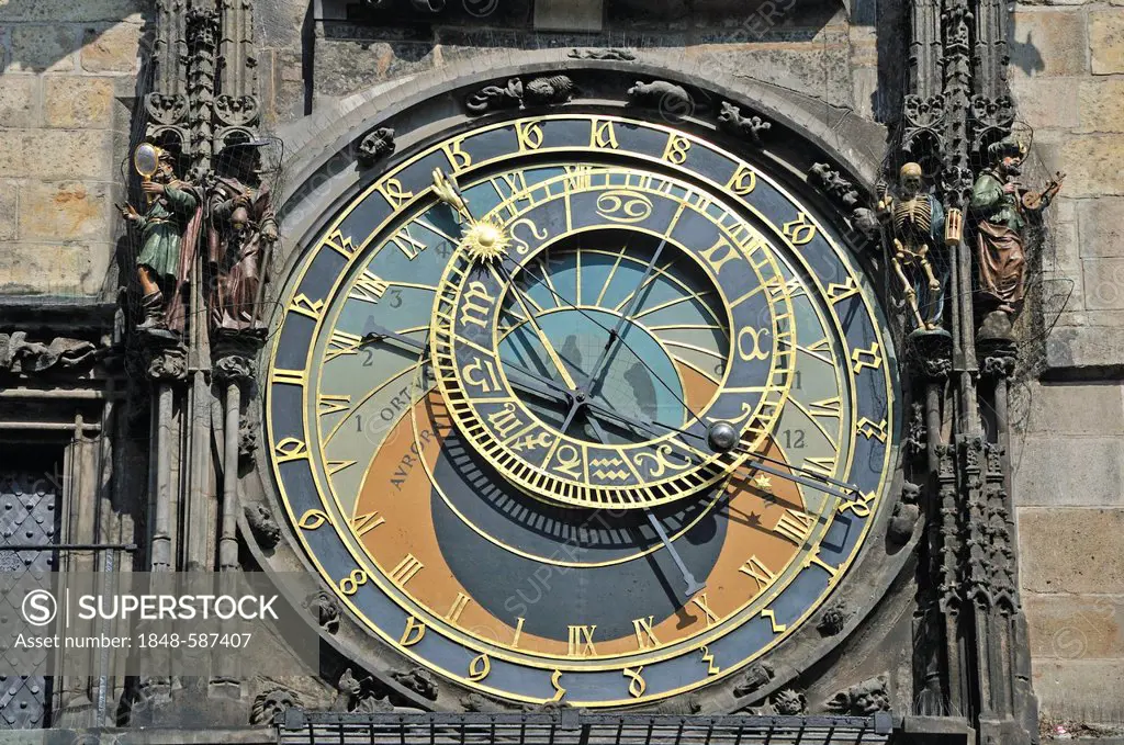 Astronomical Clock, tower of the Old Town Hall, Old Town Square, historic district of Prague, Bohemia, Czech Republic, Europe, PublicGround