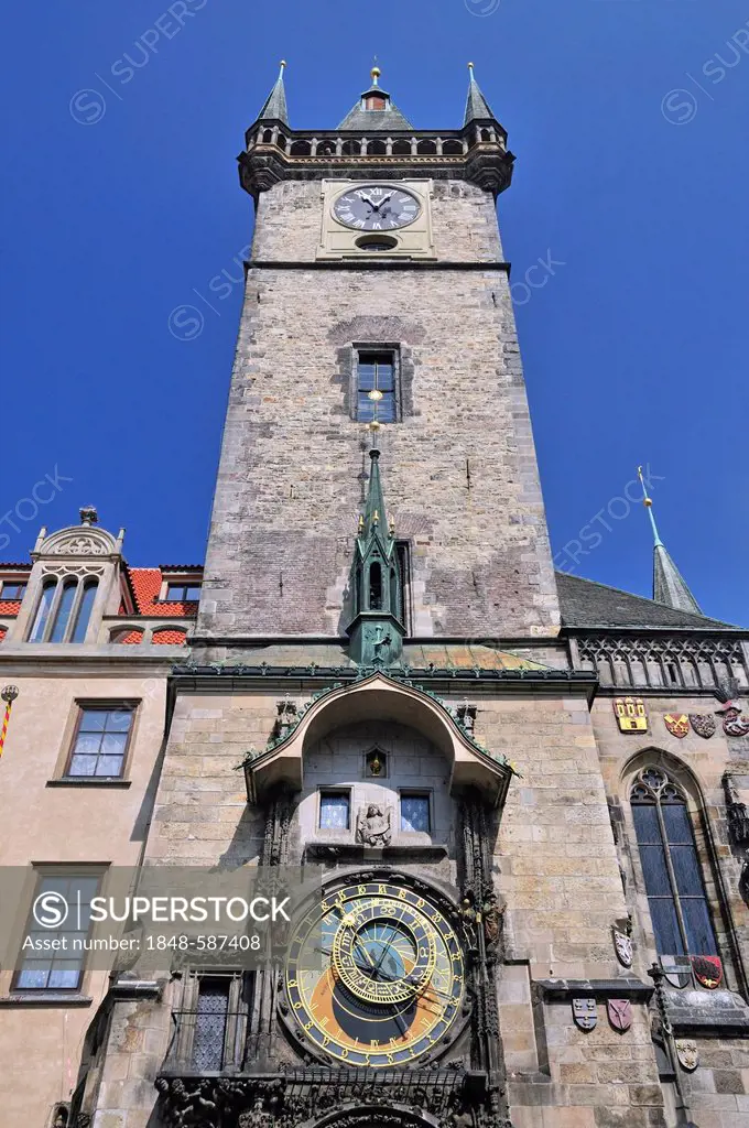 Tower of the Old Town Hall with Astronomical Clock, Old Town Square, historic district of Prague, Bohemia, Czech Republic, Europe, PublicGround