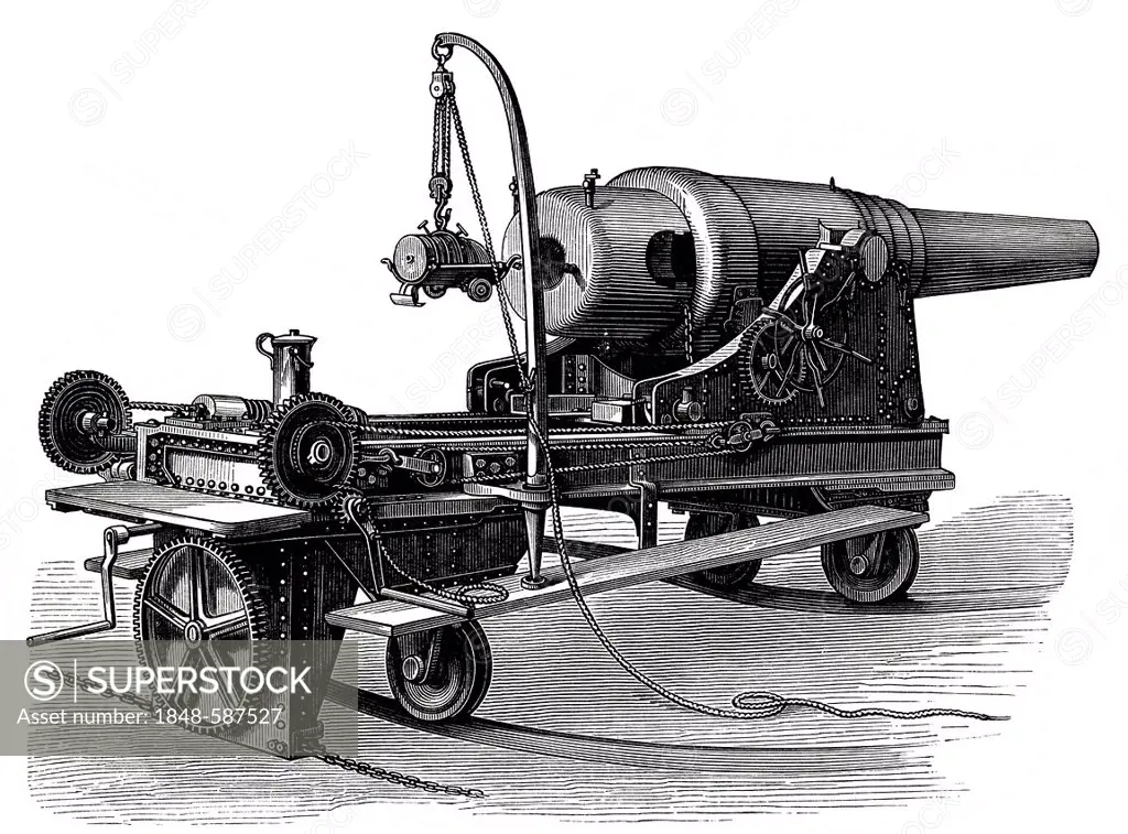 Illustration, cannon, ring-mounted turret cannon from the German coastal artillery, 19th Century, Meyers Konversations-Lexikon encyclopaedia, 1889