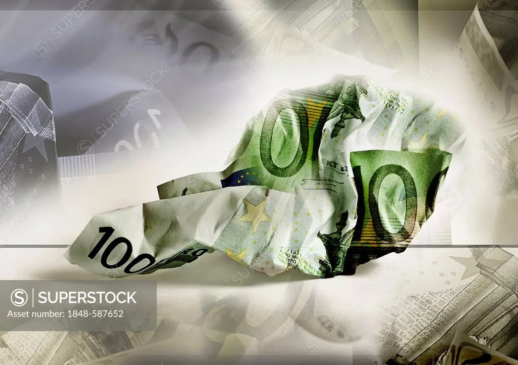 Crumpled euro banknote in the shape of Austria, symbolic image