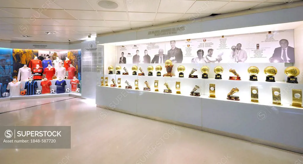 Display cabinet, trophies, exhibition, museum, Estadio Santiago Bernabeu stadium, football venue of Real Madrid, Chamartin district, Madrid, Spain, Eu...