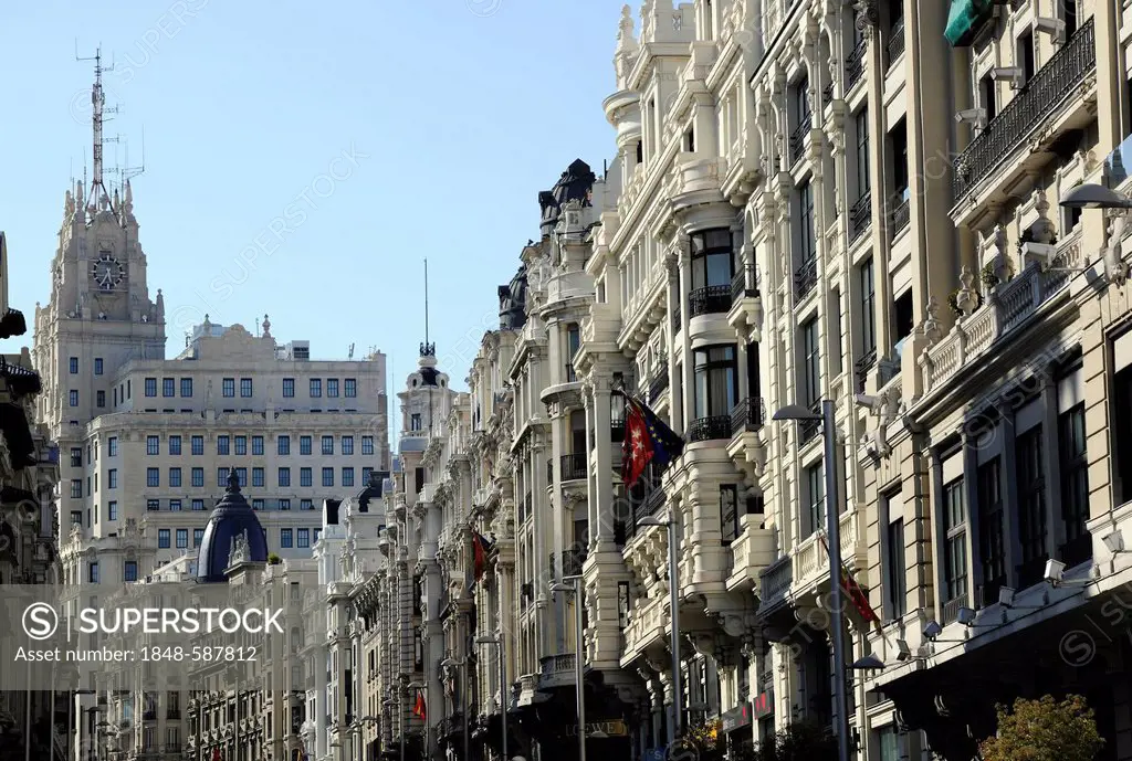 Magnificent buildings along Calle Gran Via with the Edificio Telefónica, Europe's first skyscraper, Calle Gran Via, Madrid, Spain, Europe, PublicGroun...
