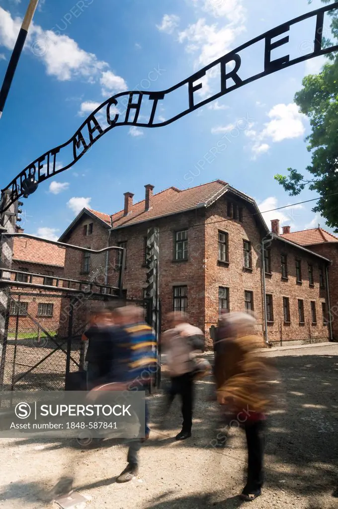 Sign Arbeit macht frei, German for work brings freedom, Auschwitz I concentration camp, Auschwitz, Lesser Poland, Poland, Europe