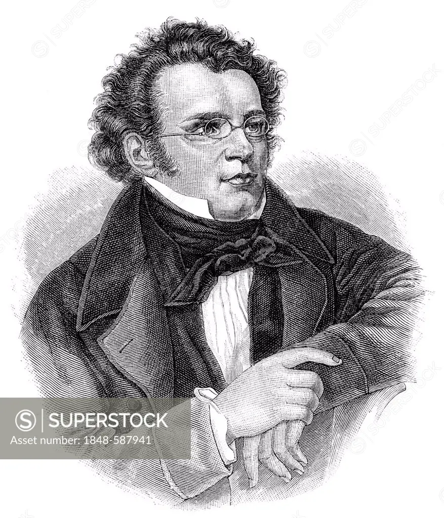 Historic drawing from the 19th century, portrait of Franz Peter Schubert, 1797 - 1828, an Austrian composer
