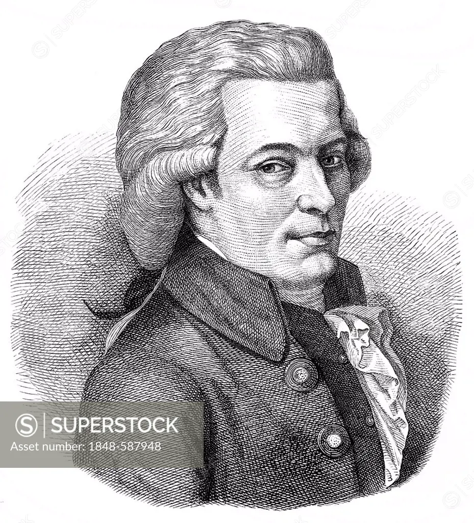 Historic drawing from the 19th century, portrait of Wolfgang Amadeus Mozart, 1756 - 1791, a composer of the Viennese Classic