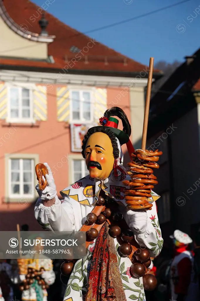 Oberndorfer Narro with pretzel rod, traditional carnival character in Oberndorf on the Neckar river, Oberndorf carnival, Alemannic carnival parade, Ba...
