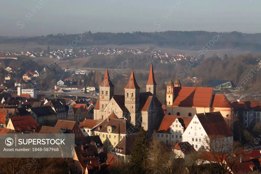 View of Ellwangen an der Jagst with the Basilica of St. Vitus and the Protestant city church, Baden-Wuerttemberg, Germany, Europe