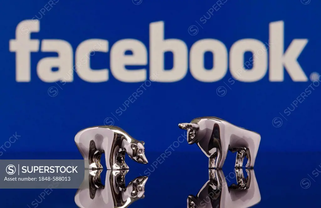The bull and the bear standing in front of a Facebook logo, symbolic image for the Facebook stock market launch