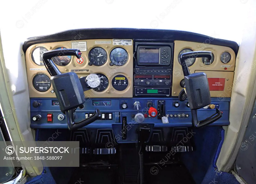 View of cockpit of a Cessna 152 before a flight, Airport Hahnweide, Kirchheim unter Teck, Baden-Wuerttemberg, Germany, Europe