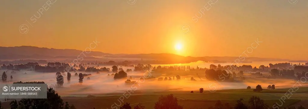 Sunrise over the Aachried area, left behind the city Radolfzell, Hegau area, Landkreis Konstanz county, Baden-Wuerttemberg, Germany, Europe