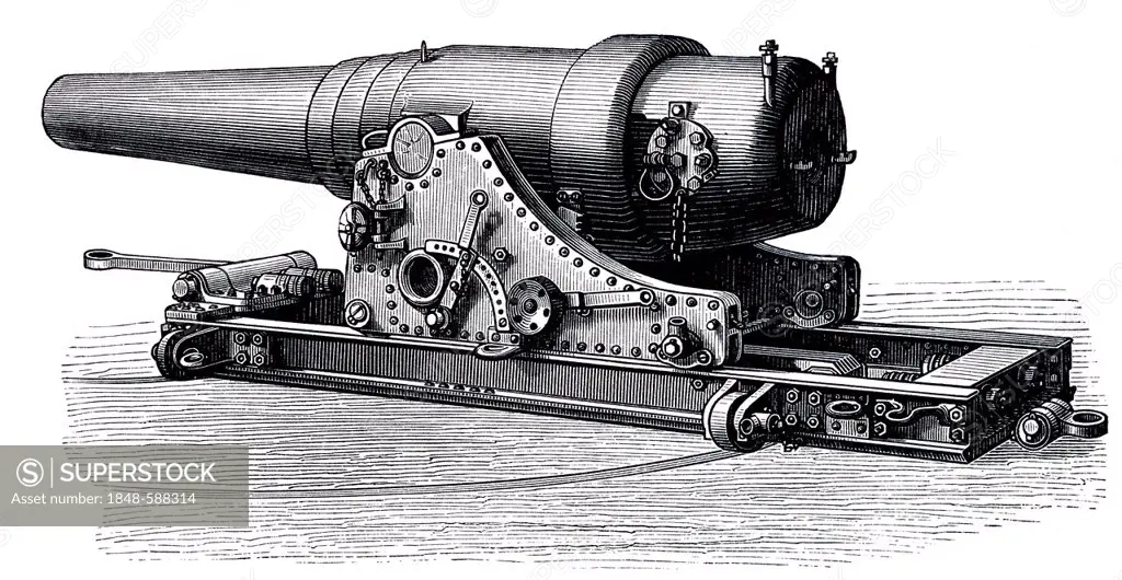 Illustration, cannon, German marine turret cannon, 19th Century, Meyers Konversations-Lexikon encyclopaedia, 1889