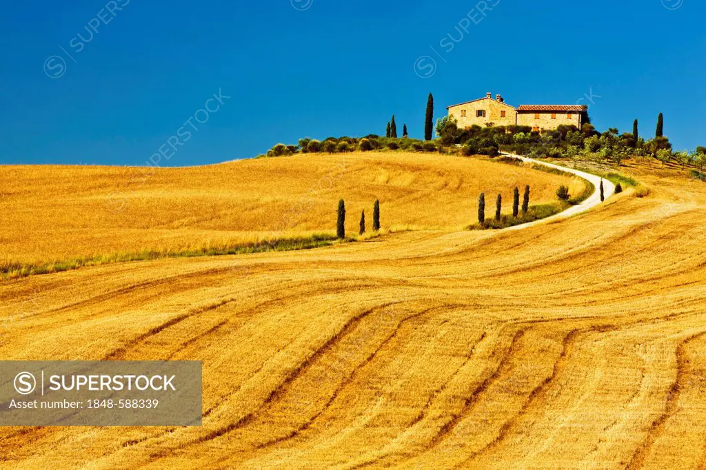Fields and farm house, Pienza, Tuscany, Italy, Europe, PublicGround
