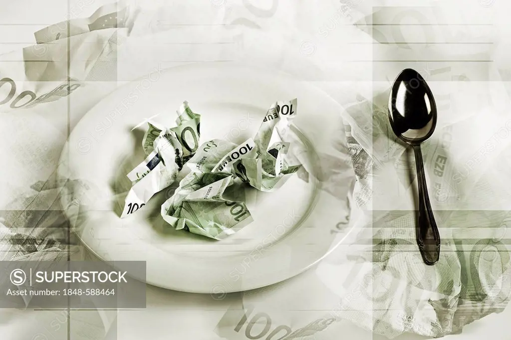 Crumpled euro banknote on a plate with a spoon, symbolic images for you can't eat money