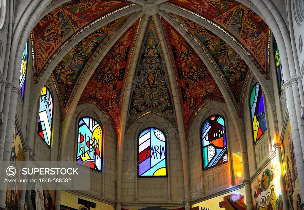 Modern stained-glass windows and the painted ceiling of the dome, interior view, Almudena Cathedral, Santa María la Real de La Almudena Cathedral, Mad...