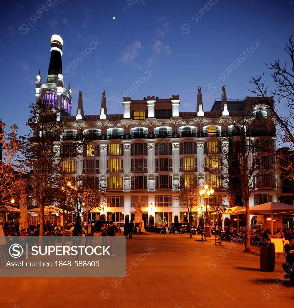 Gran Meliá Fenix luxury hotel, at dusk, night, Plaza Santa Ana, Madrid, Spain, Europe, PublicGround