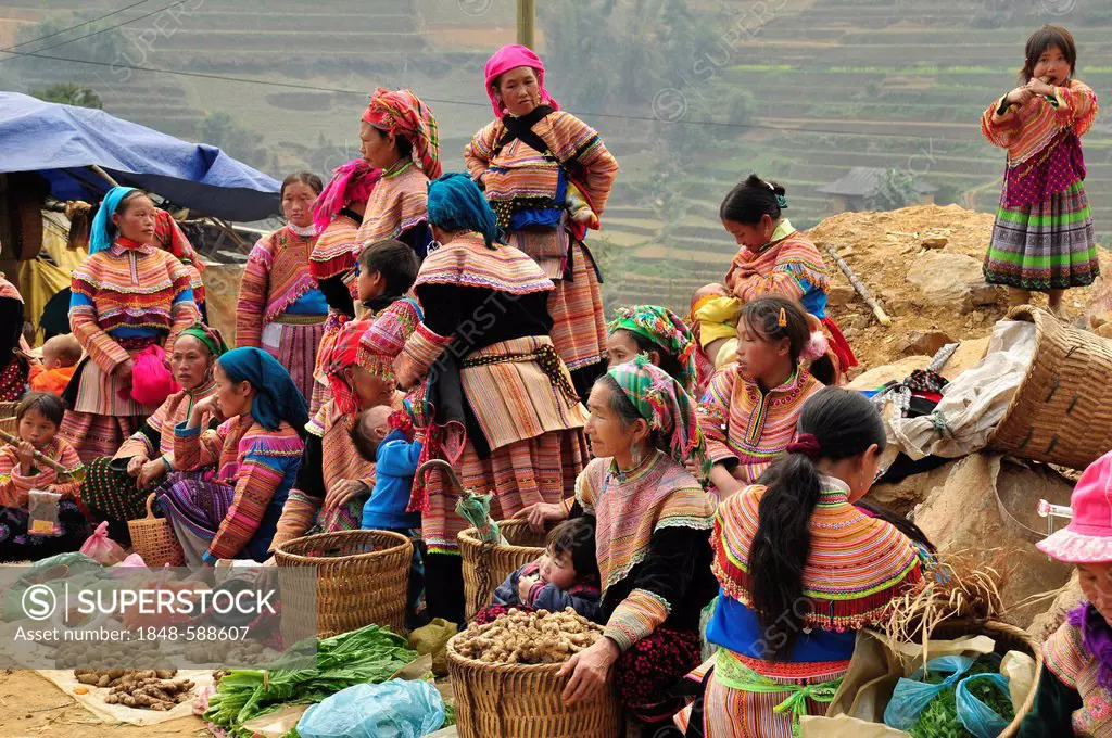Market, members of the Flower Hmong ethnic minority, Can Cau, Northern Vietnam, Vietnam, Southeast Asia, Asia