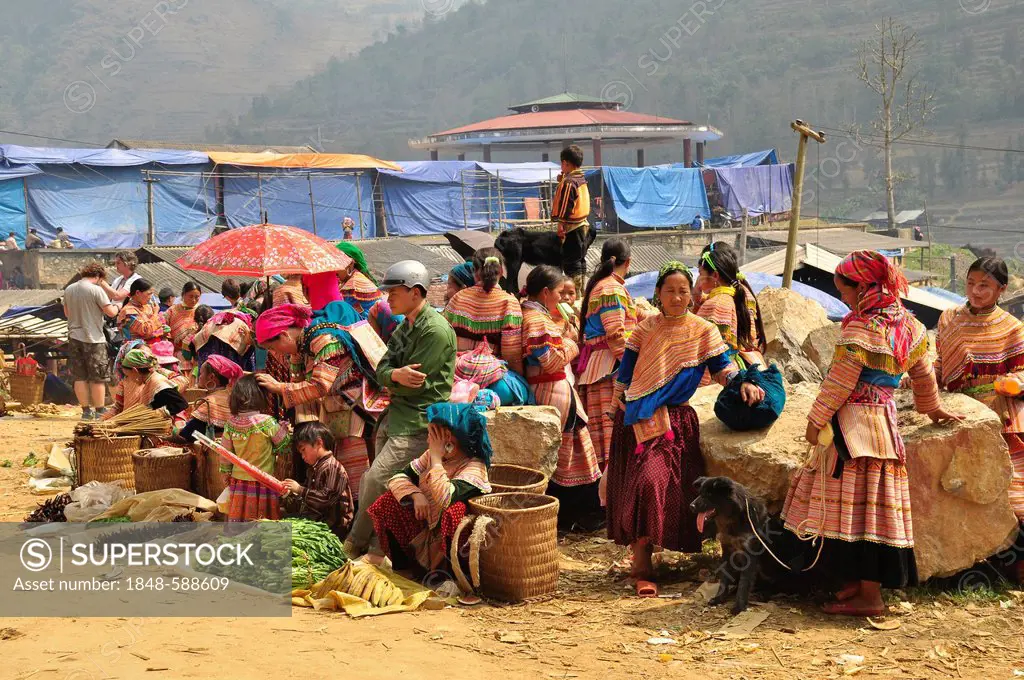 Market, members of the Flower Hmong ethnic minority, Can Cau, Northern Vietnam, Vietnam, Southeast Asia, Asia