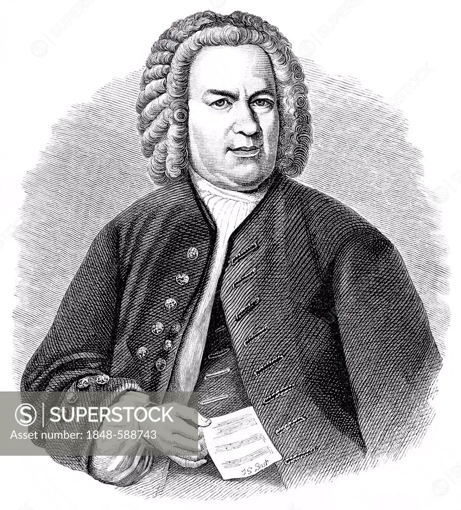 Historic drawing from the 19th century, portrait of Johann Sebastian Bach, 1685 - 1750, a German composer and piano virtuoso of the Baroque