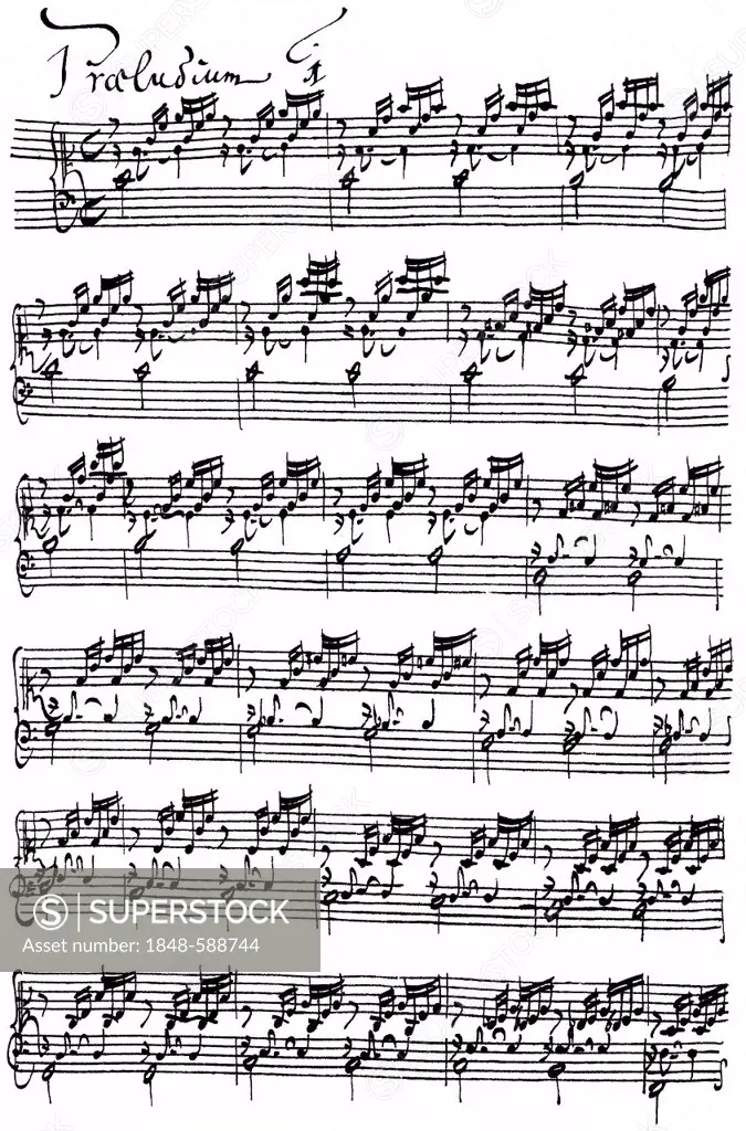 Historic handwriting, Das Wohltemperierte Klavier, BWV 846-893, handwritten sheet music by Johann Sebastian Bach, 1685 - 1750, a German composer and p...