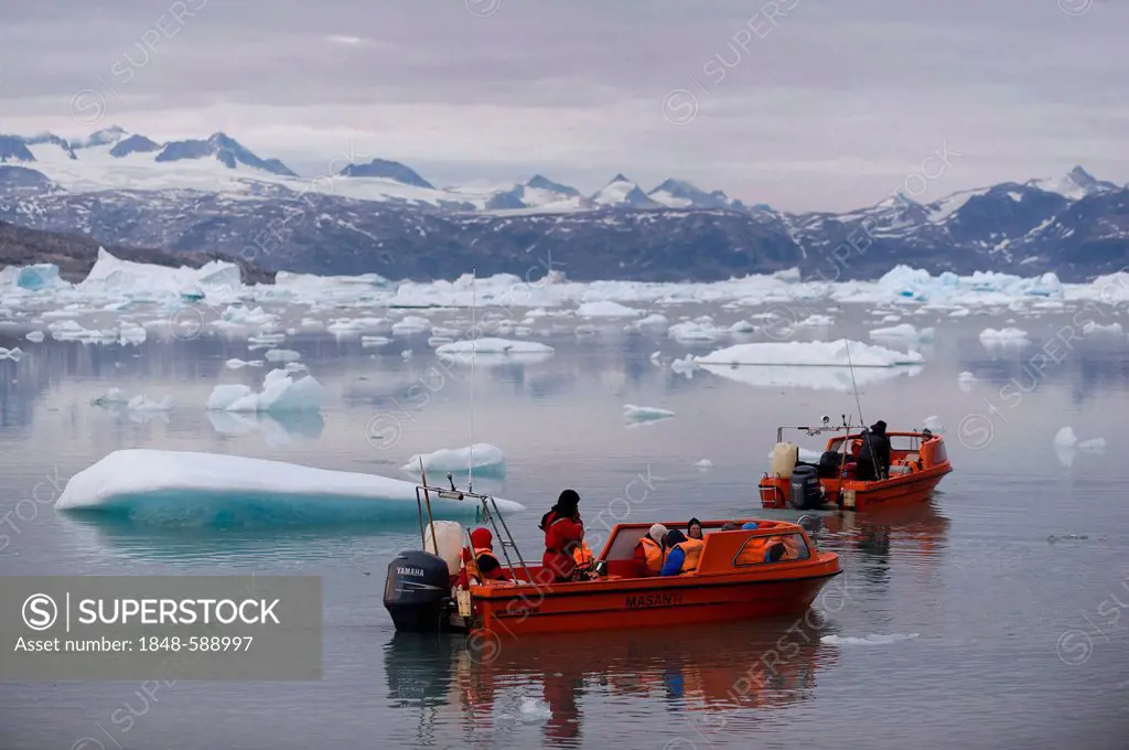 Motor boats with tourists, Johan Petersen Fjord, East Greenland, Greenland
