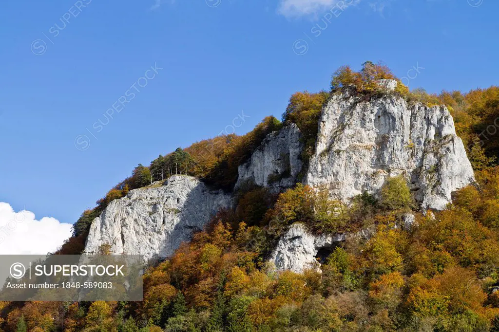 Ypsilonfels and Wagenburgfels, from left, limestone cliffs near Hausen im Tal, Upper Danube Nature Park, Sigmaringen district, Baden-Wuerttemberg, Ger...
