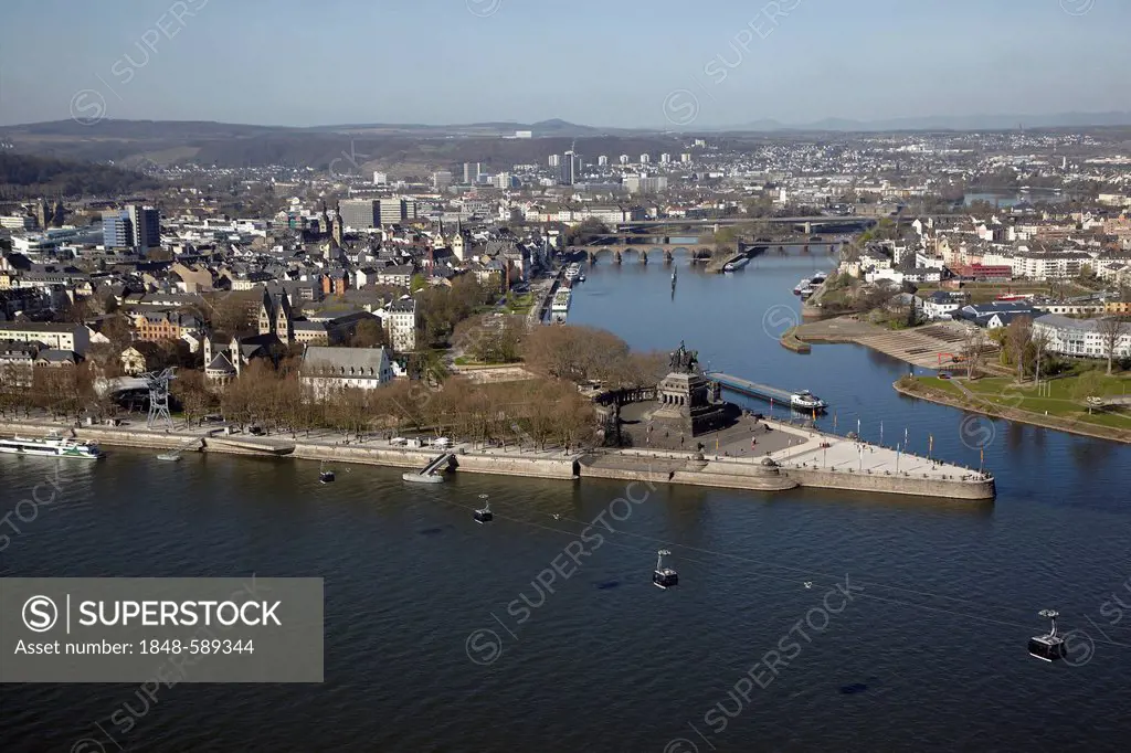 Deutsches Eck, German Corner, with the equestrian statue of Emperor Wilhelm at the confluence of the rivers Rhine and Moselle at Koblenz, Rhineland-Pa...