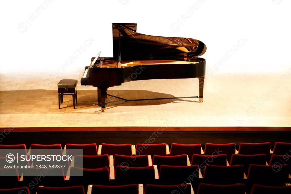 Concert grand piano in a concert hall
