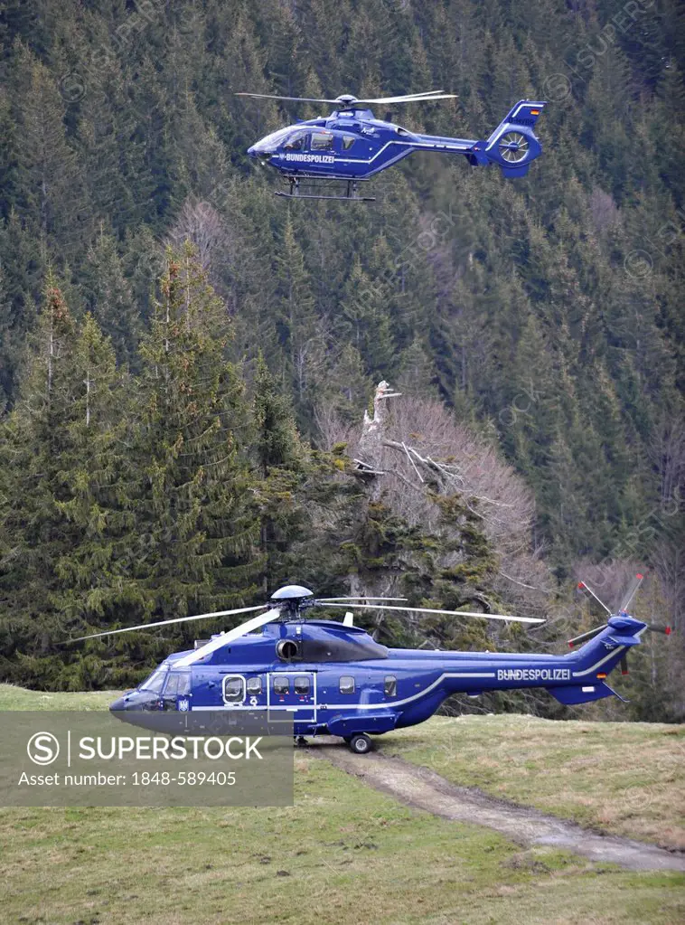 A EC 135 T2i helicopter, at the top, and a AS 332 L1 Super Puma, at the bottom, of the German federal police, Mangfall Mountains, Upper Bavaria, Germa...