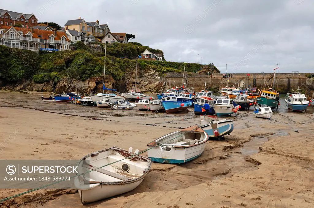 Fishing boats at low tide in the port of Newquay, Cornwall, England, United Kingdom, Europe